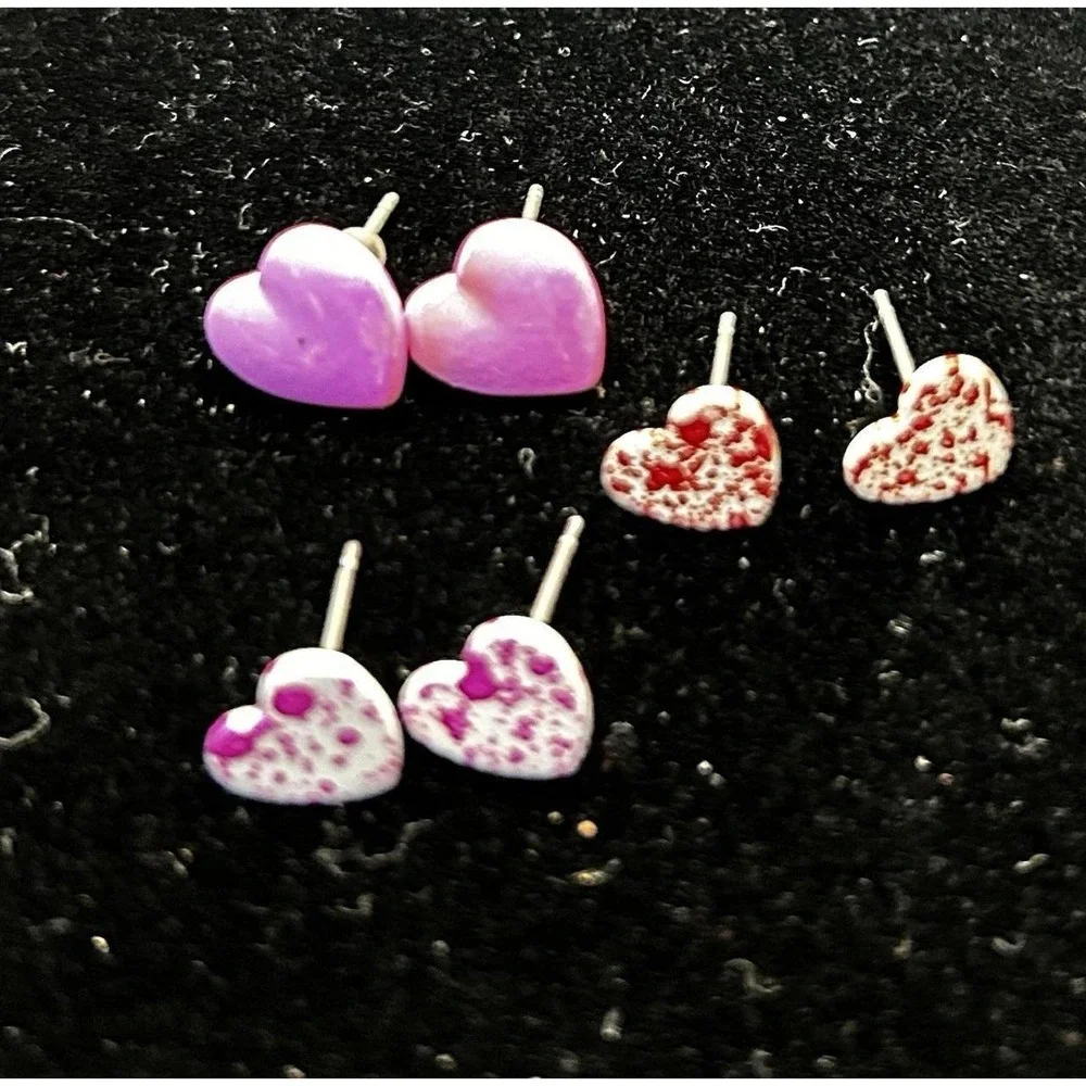 Heart Stud Earrings Lot Pink Black Blue Red Colorful Tiny Cute Kawaii Set 8 Pair